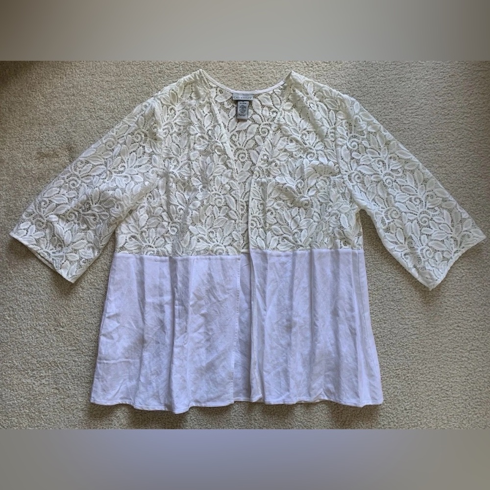 Catherines Linen Lace Cardigan Topper 1X Cream Semi Sheer Open Dainty Resort